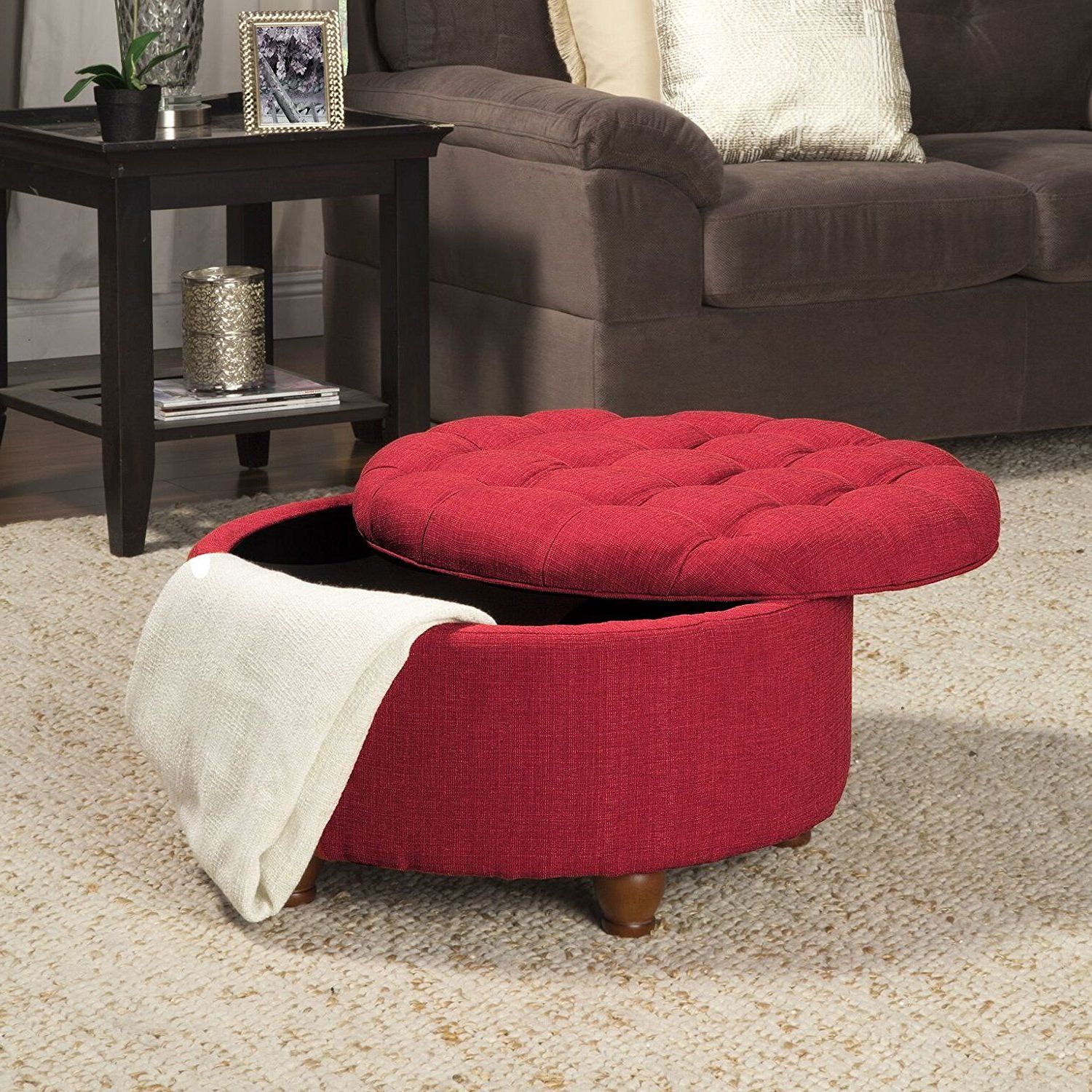 Famous Amazon: Kinfine Round Textured Tufted Storage Ottoman, Red: Kitchen Regarding Gray Fabric Tufted Oval Ottomans (View 2 of 10)