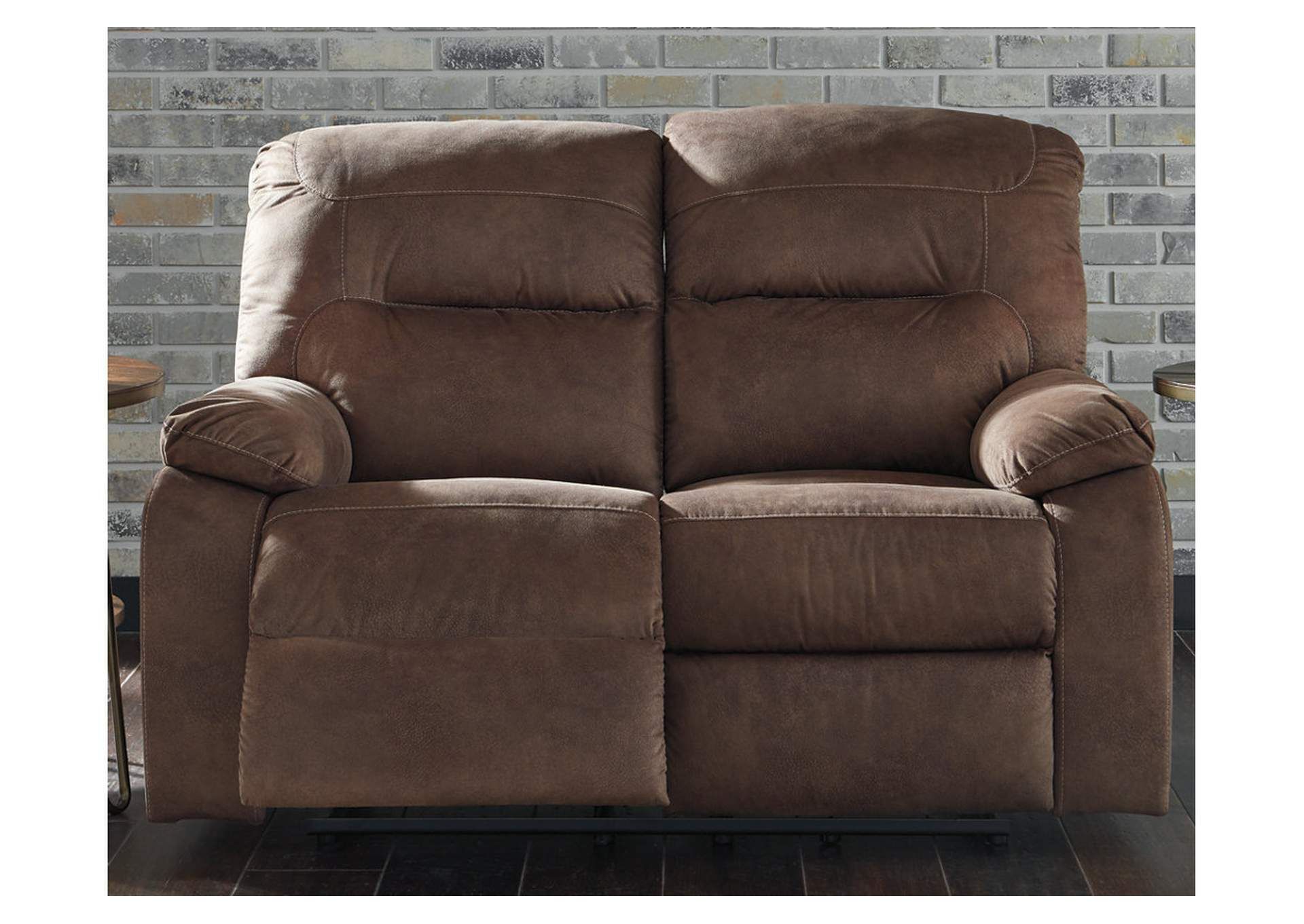 Famous Brown/beige Bolzano Reclining Loveseat Spiller Furniture & Mattress Within Round Beige Faux Leather Ottomans With Pull Tab (View 6 of 10)