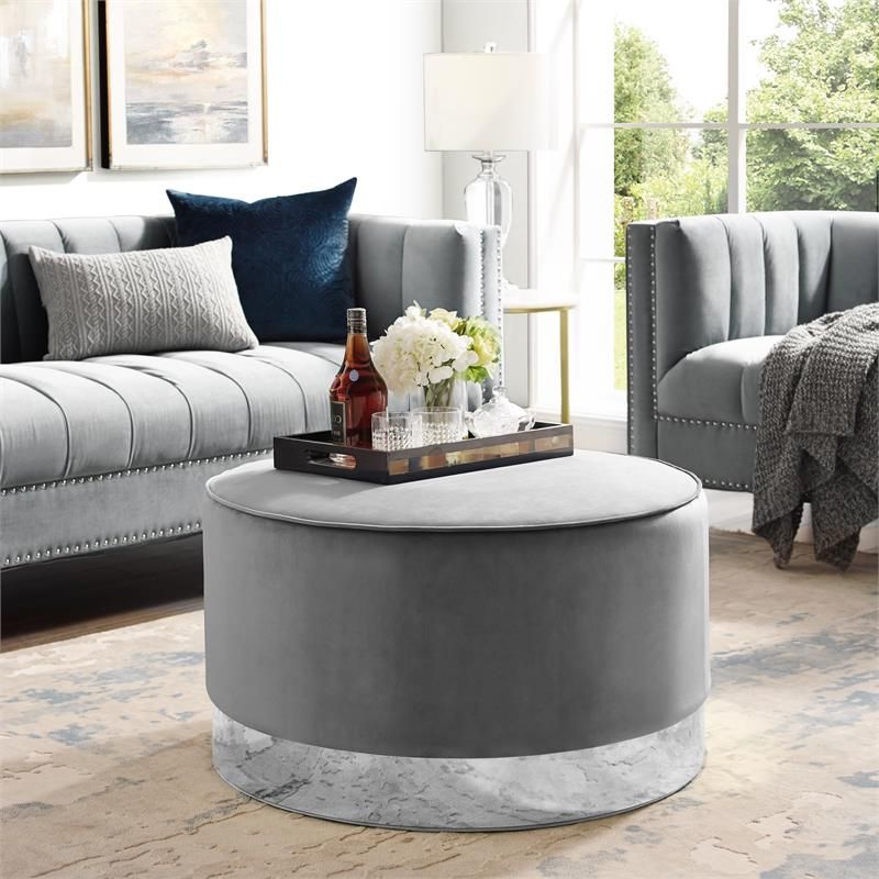 Famous Posh Living Suchada Velvet Round Cocktail Ottoman In Gray/chrome Pertaining To Navy And Light Gray Woven Pouf Ottomans (View 10 of 10)