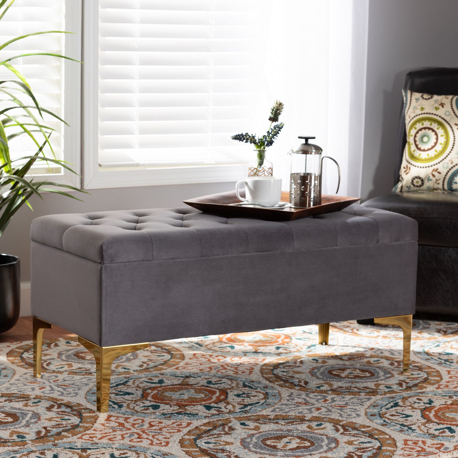 Famous Silver Chevron Velvet Fabric Ottomans With Regard To Baxton Studio Valere Glam And Luxe Grey Velvet Fabric Upholstered Gold (View 8 of 10)