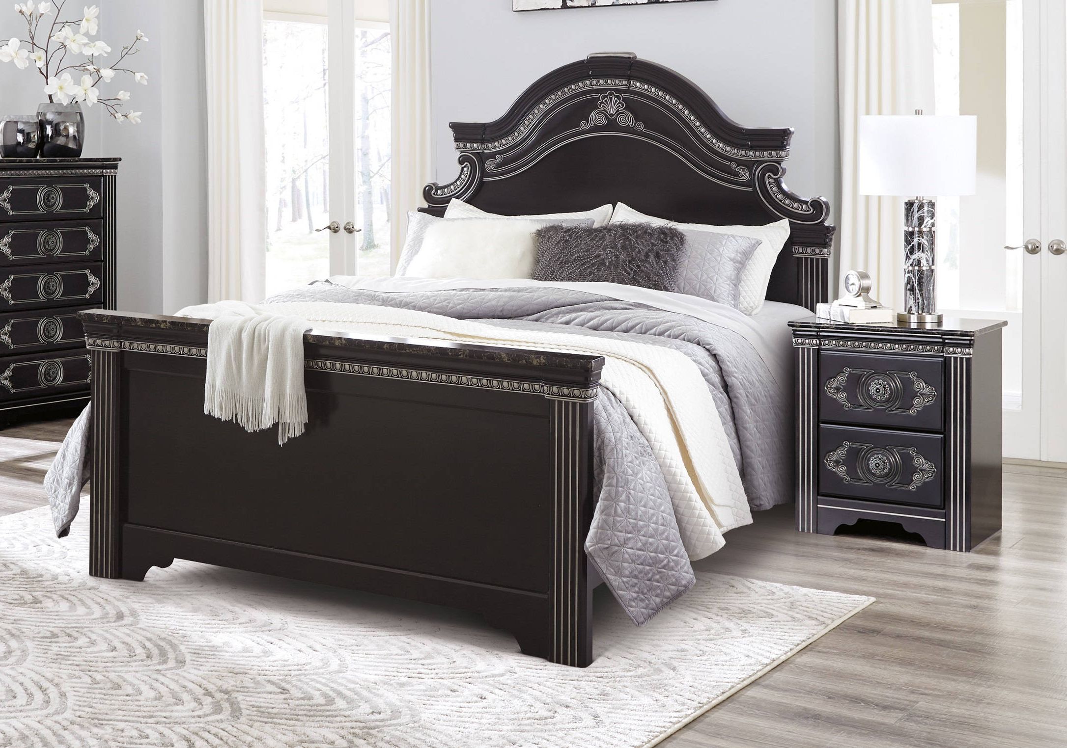 Fashionable Ashley Furniture Banalski Dark Brown 2pc Bedroom Set With Queen Panel In Black Metal And White Linen Ottomans Set Of  (View 4 of 10)