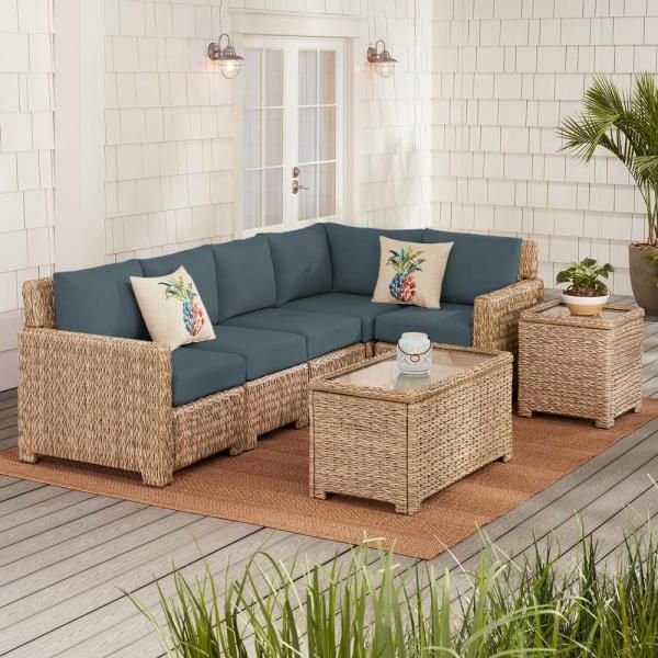 Fashionable Black And Tan Rattan Coffee Tables Pertaining To Hampton Bay Laguna Point 5 Piece Natural Tan Wicker Outdoor Patio (View 2 of 10)