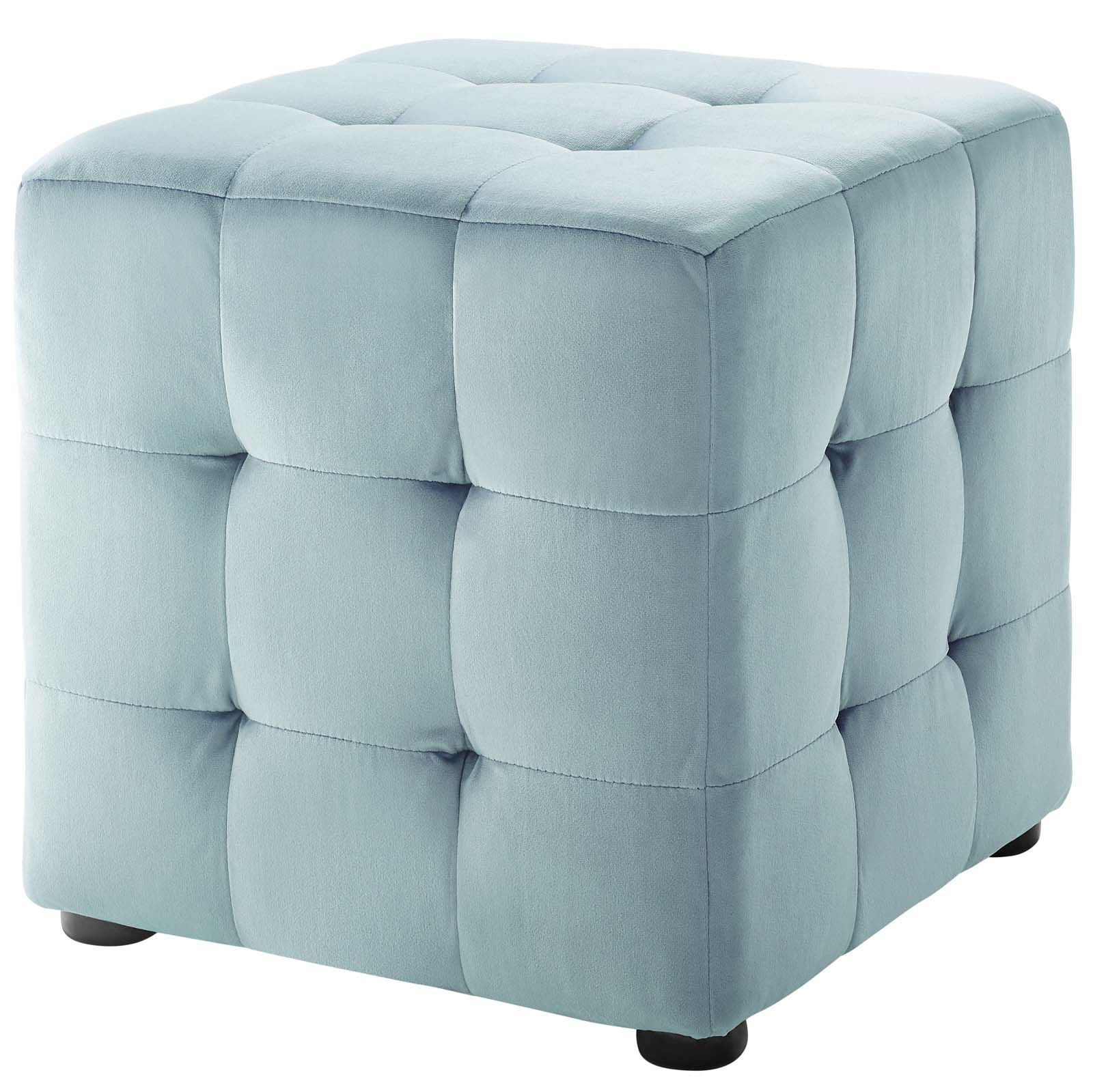 Fashionable Cream Fabric Tufted Oval Ottomans Inside Contour Tufted Cube Performance Velvet Ottoman Light Blue (View 5 of 10)