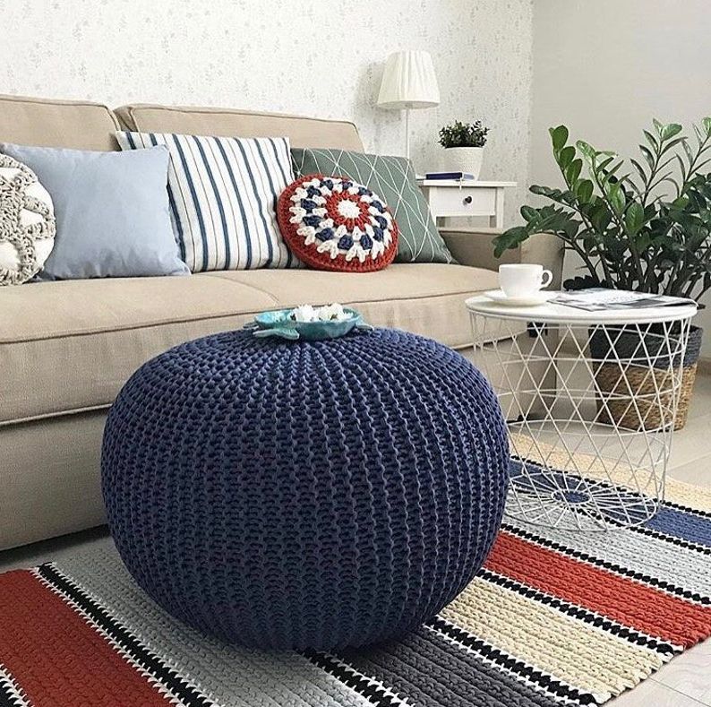 Fashionable Crochet Navy Blue Poufs Knitted Pouf And Ottoman Pouffe (View 3 of 10)