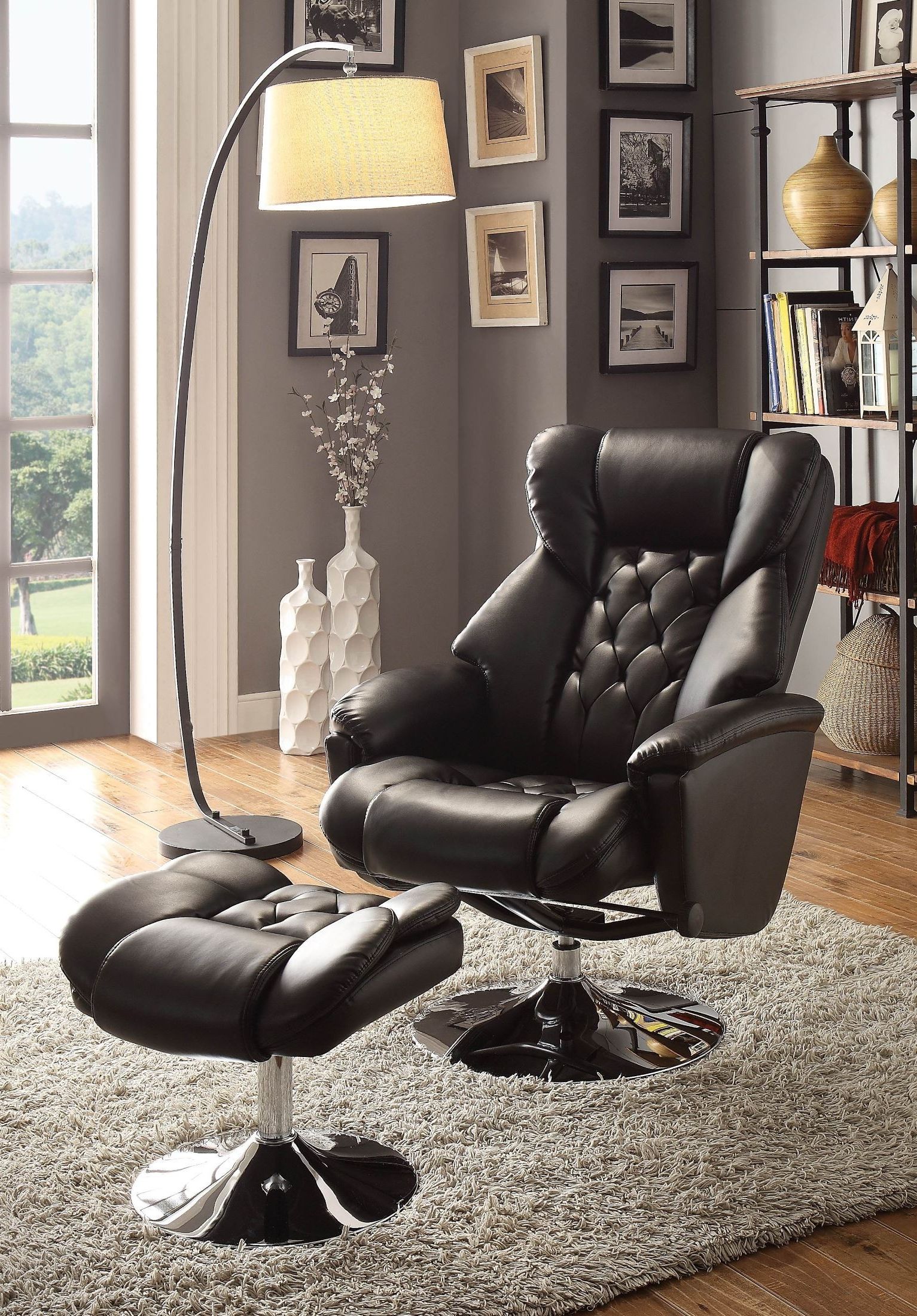 Fashionable Onyx Black Modern Swivel Ottomans Inside Aleron Black Swivel Reclining Chair With Ottoman – 1stopbedrooms (View 9 of 10)