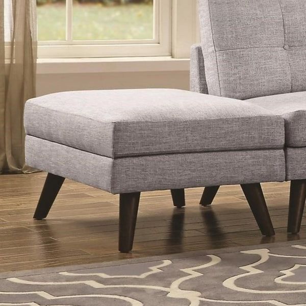 Fashionable Shop Fabric Upholstered Ottoman With Tappered Wooden Legs, Light Gray For Beige And Light Gray Fabric Pouf Ottomans (View 6 of 10)