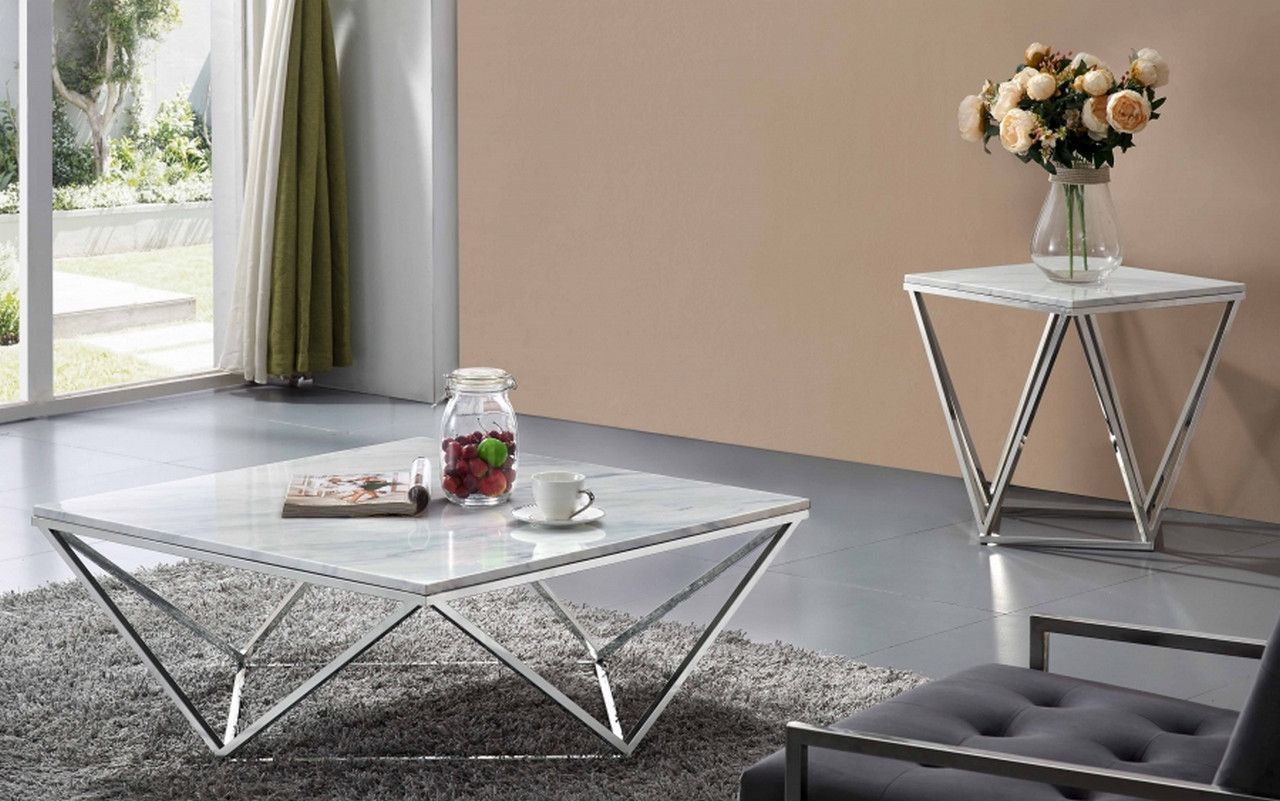 Fashionable Silver Stainless Steel Coffee Tables For Xavier Modern Marble Top Coffee Table With Geometric Chrome Stainless (View 6 of 10)
