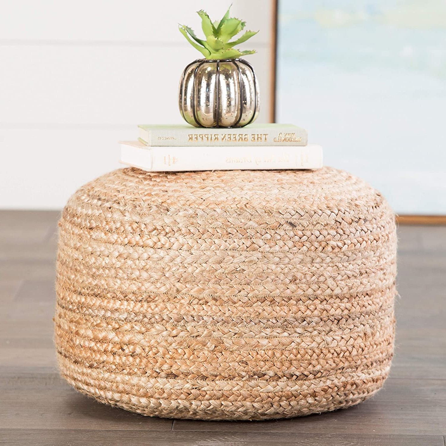 Favorite Beige And White Tall Cylinder Pouf Ottomans With Regard To Amazon: Natural Jute Ottoman, Beige Braided Rows Round Pouf Beads (View 10 of 10)