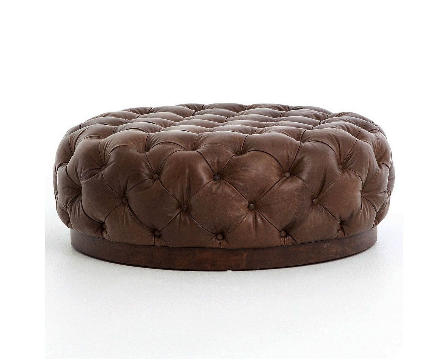 Favorite Brown Faux Leather Tufted Round Wood Ottomans Throughout For Cocktail Round Leather Ottoman (View 9 of 10)