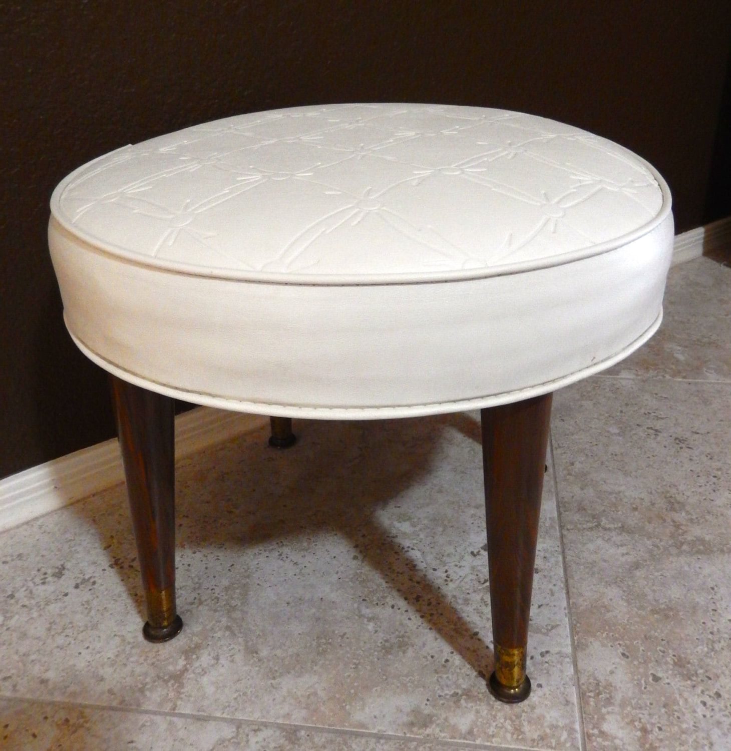 Favorite Mid Century Modern Round White Patterned Vinyl Ottoman Foot Stool Within Modern Gibson White Small Round Ottomans (View 1 of 10)