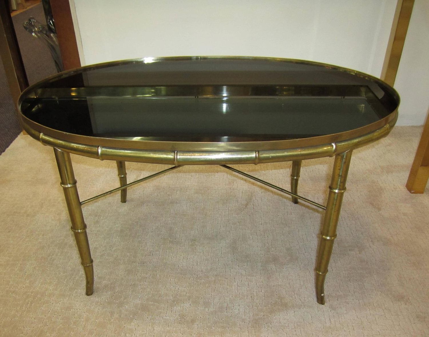 Favorite Mirrored Cocktail Tables Pertaining To Italian Oval Brass Cocktail Table With Black Mirrored Top, Italy 1960s (View 7 of 10)