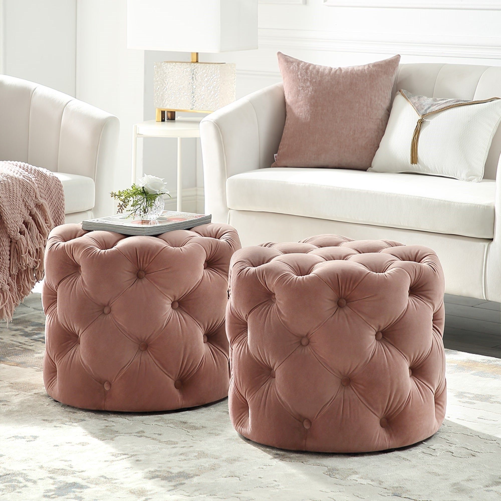 Favorite Silver Orchid Holm Velvet Or Linen Round Tufted Ottoman N/a (View 4 of 10)