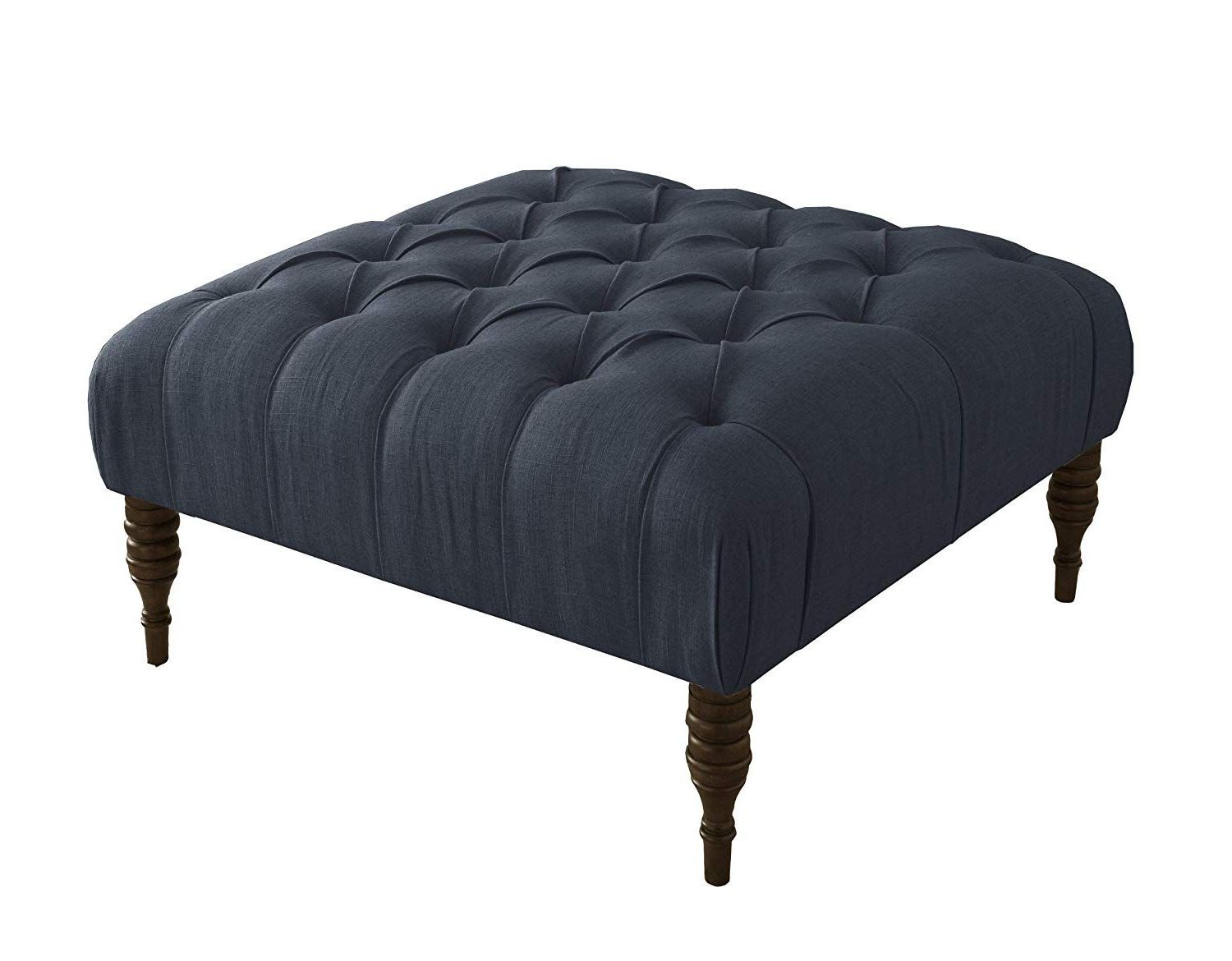French Linen Black Square Ottomans Inside Most Up To Date Skyline Furniture Tufted Cocktail Ottoman In Linen Navy (View 2 of 10)