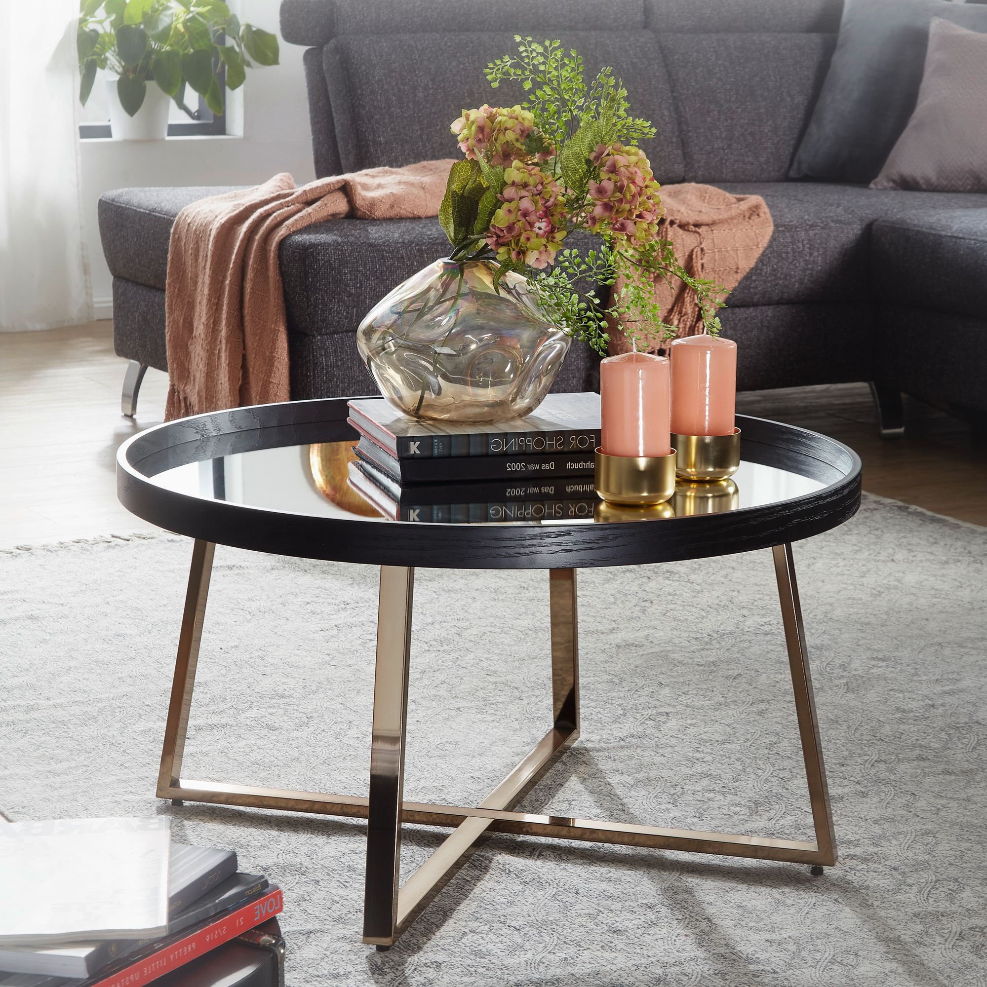 Geometric Glass Top Gold Coffee Tables Inside Preferred Design Coffee Table Round Ø 78 Cm Dark Gold With Mirror Glass • Artkomfort (View 2 of 10)