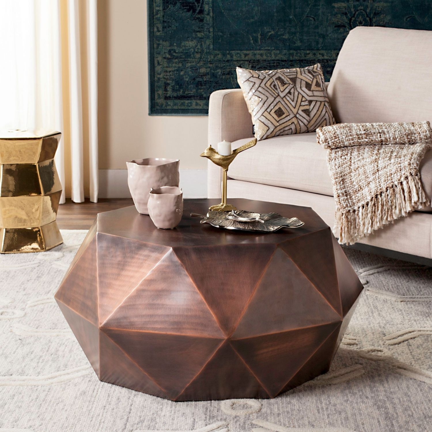 Geometric White Coffee Tables For Popular Geometric Faceted Cocktail Coffee Table, Aged Copper Finish, Metal (View 1 of 10)