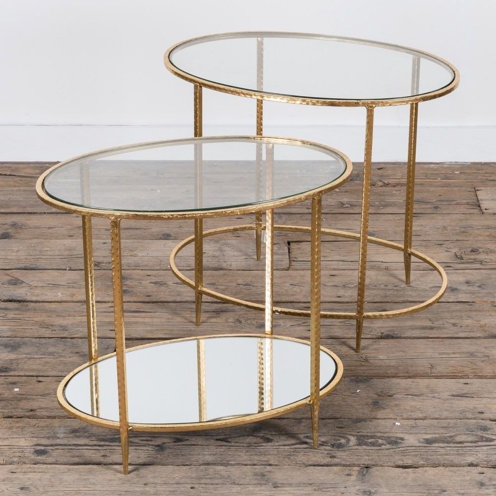 Glass And Gold Coffee Tables Pertaining To Widely Used Contemporary Gold Metal Glass Top Oval Nest Of 2 Side Coffee Table Cmt (View 2 of 10)