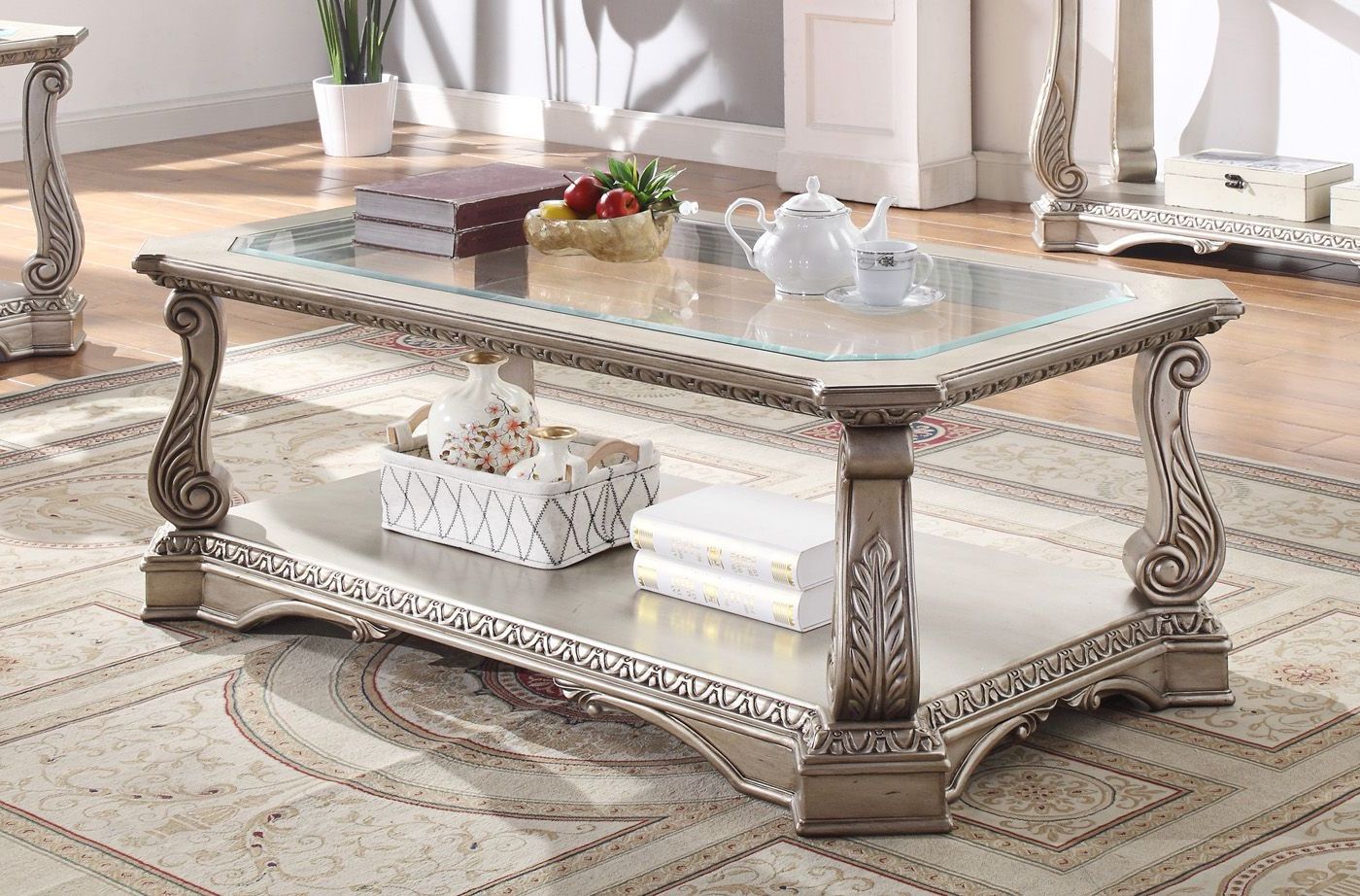 Glass And Pewter Coffee Tables Regarding Favorite Traditional Rectangular Glass Top Coffee Table Antique Silver Platinum (View 3 of 10)