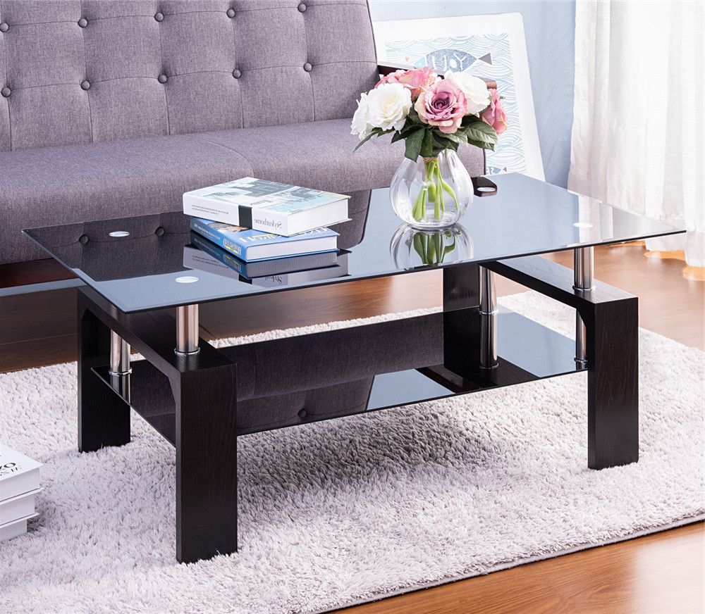 Glass Coffee Table With Rectangular Tabletop Metal Leg, Black Coffee Intended For Trendy Wood Rectangular Coffee Tables (View 7 of 10)