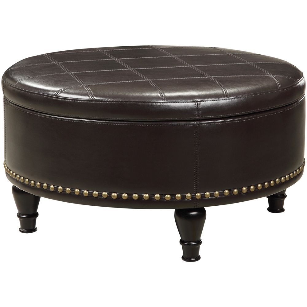 Gold And White Leather Round Ottomans In Newest Inspiredbassett Augusta Round Mid Century Wood / Bonded Leather (View 1 of 10)