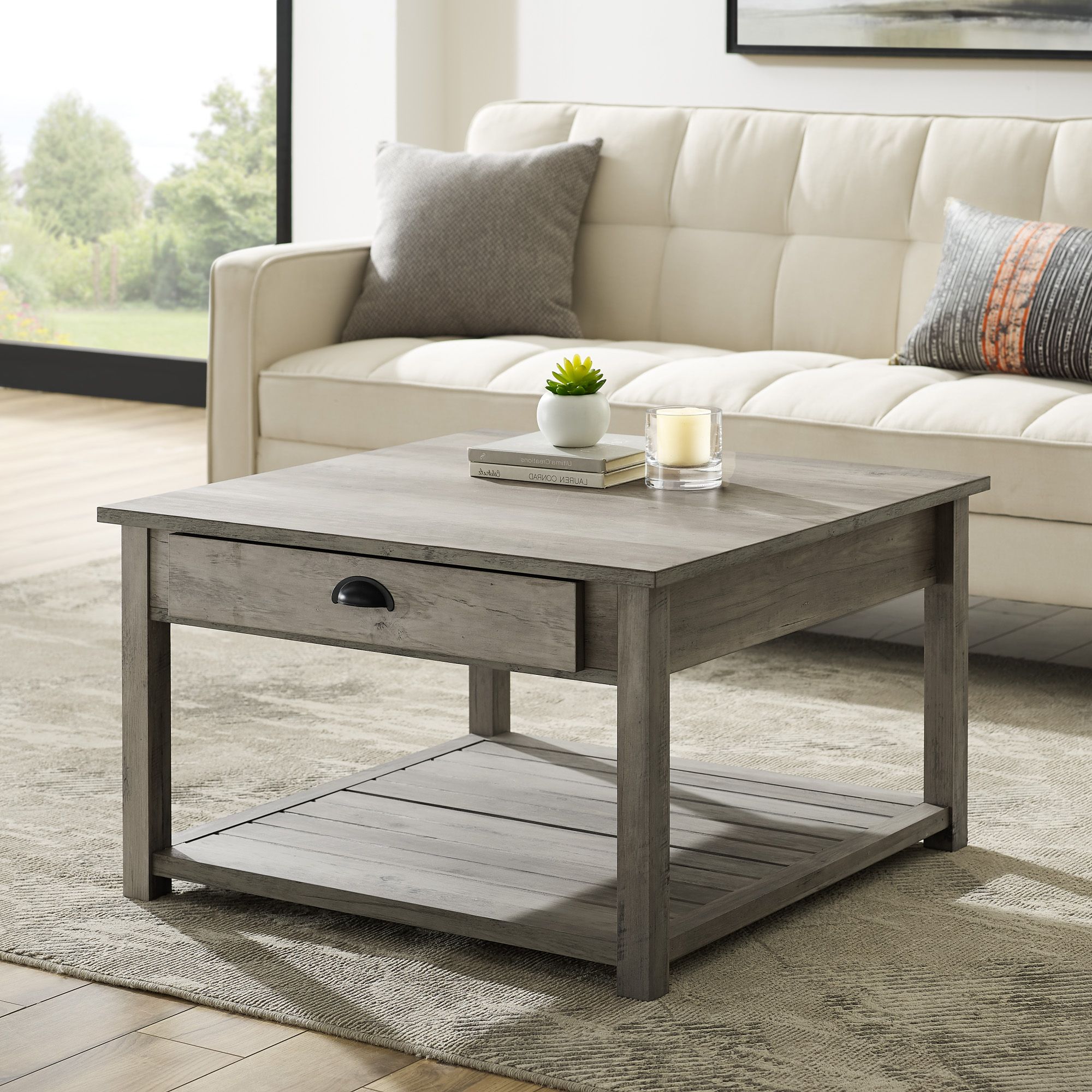 Gray Driftwood Storage Coffee Tables Throughout Most Up To Date Manor Park 30 Inch Square Country Coffee Table, Grey Wash – Walmart (View 5 of 10)
