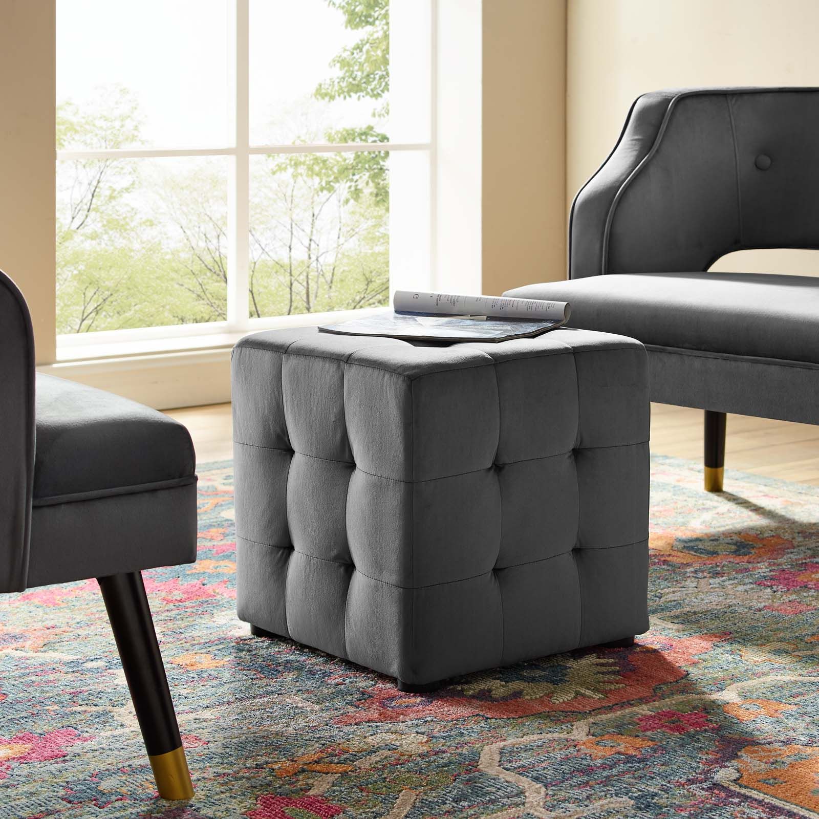 Gray Fabric Tufted Oval Ottomans Throughout Latest Contour Tufted Cube Performance Velvet Ottoman Gray (View 1 of 10)