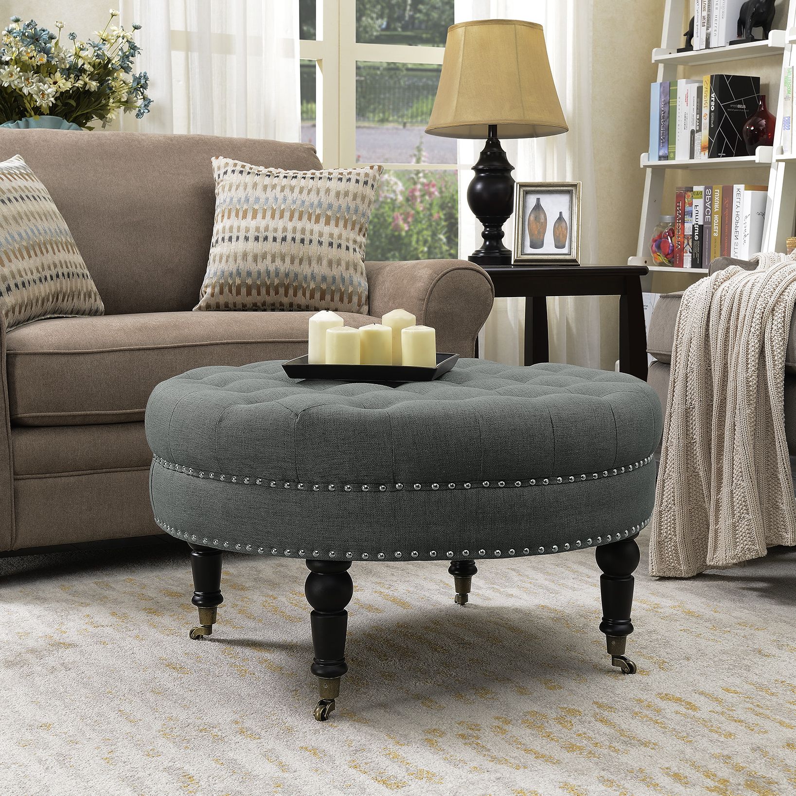 Gray Fabric Tufted Oval Ottomans With Most Recently Released Tufted Ottoman Round Room Indoor Home Decor Seating Coffee Table (gray (View 5 of 10)