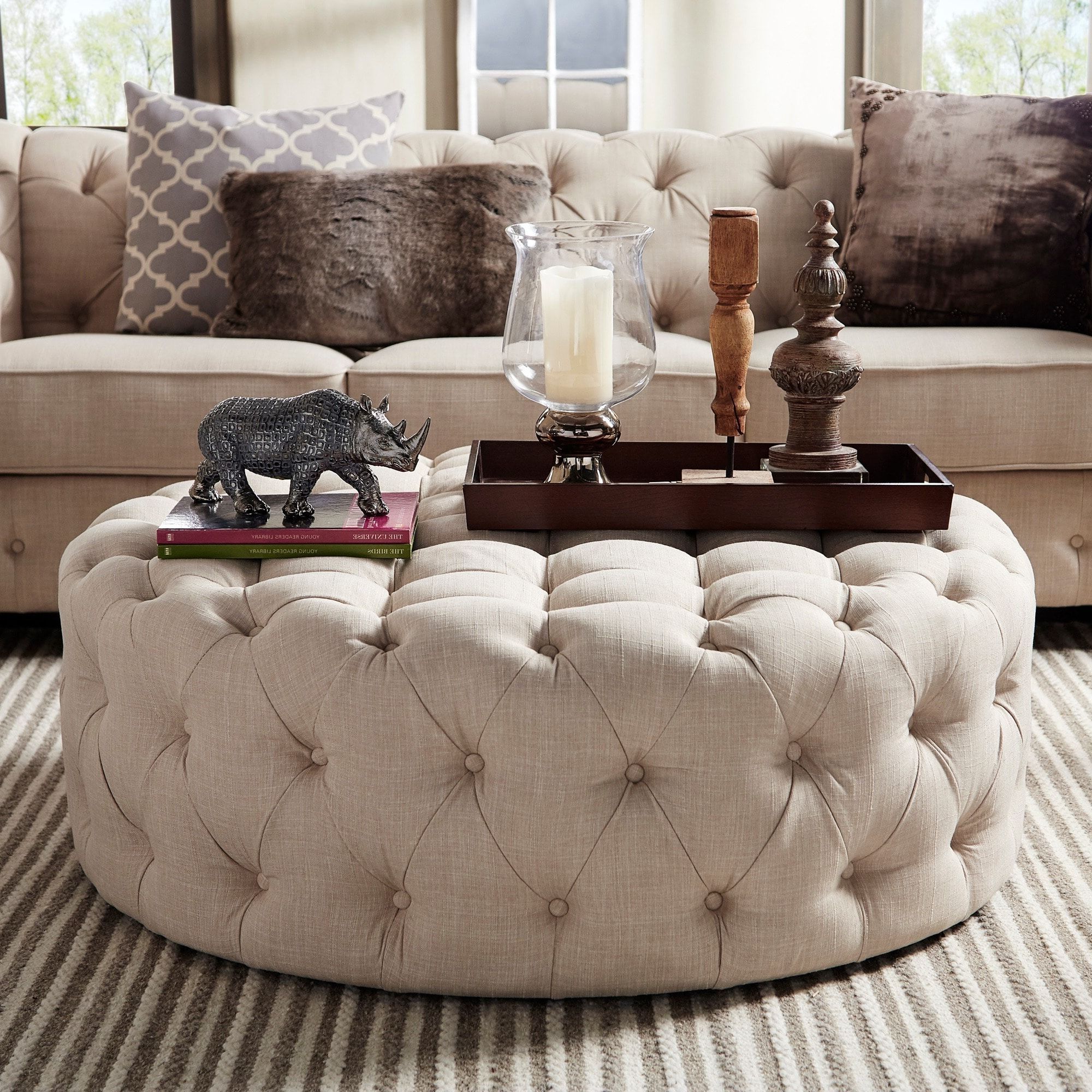 Gray Tufted Cocktail Ottomans Throughout Most Current Knightsbridge Round Tufted Cocktail Ottoman With Castersinspire Q (View 8 of 10)