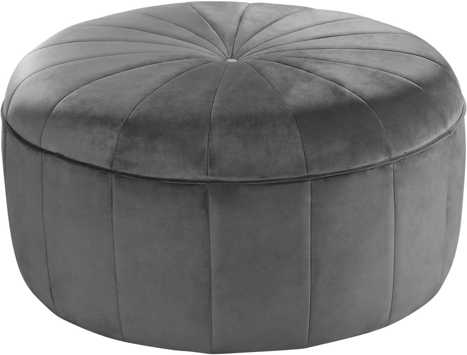 Gray Velvet Ribbed Fabric Round Storage Ottomans Within Recent Thane Contemporary Round Ottoman Bench In Dark Grey Channel Tufted Velvet (View 4 of 10)