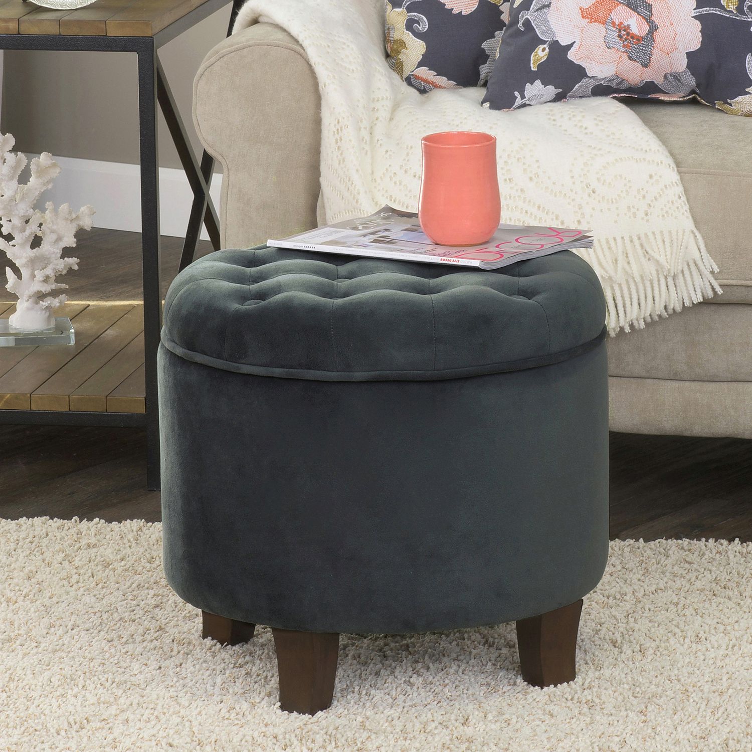 Gray Velvet Round Storage Ottoman – Pier1 Intended For Widely Used Smoke Gray  Round Ottomans (View 1 of 10)