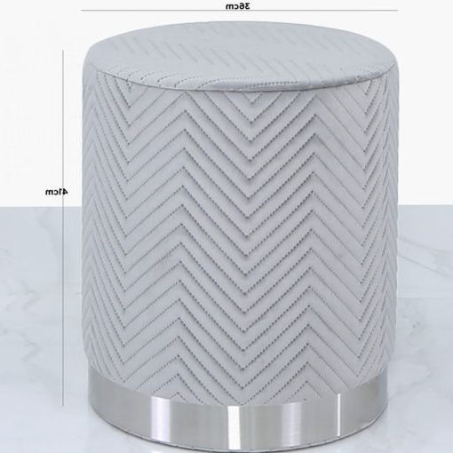 Grey Patterned Velvet And Chrome Round Footstool Stool Ottoman Pertaining To Most Current Gray Velvet Brushed Geometric Pattern Ottomans (View 10 of 10)