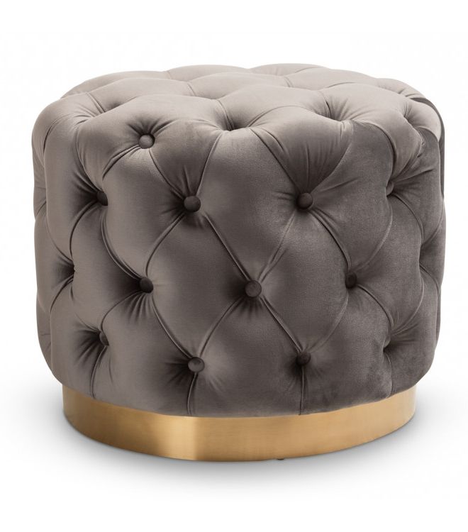 Grey Velvet Tufted Round Footstool Ottoman Gold Base Throughout Newest Tufted Gray Velvet Ottomans (View 4 of 10)