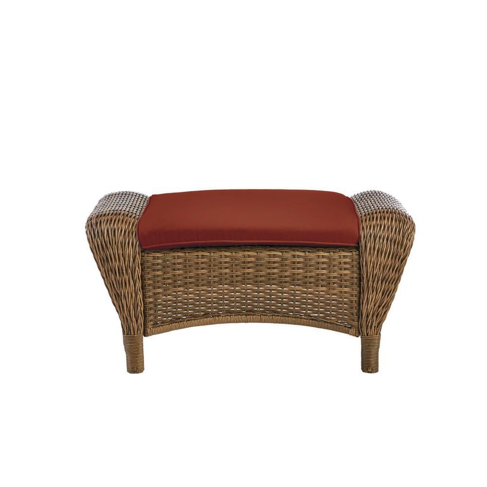 Hampton Bay Beacon Park Brown Wicker Outdoor Patio Ottoman With In 2019 Navy And Light Gray Woven Pouf Ottomans (View 4 of 10)