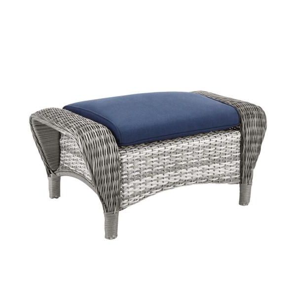 Hampton Bay Park Meadows Off White Wicker Outdoor Ottoman With Midnight Regarding 2020 Black And Off White Rattan Ottomans (View 3 of 10)