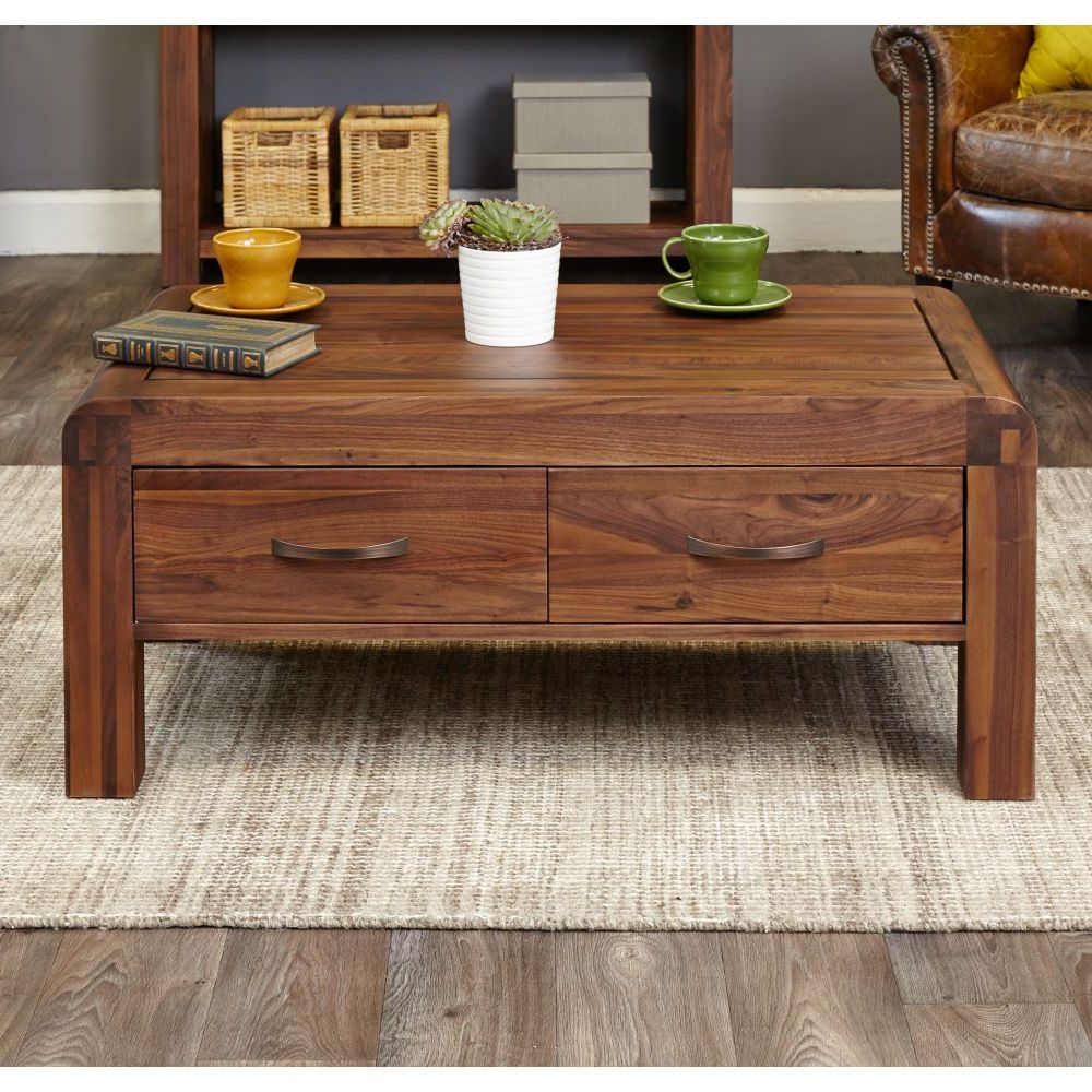 Hand Finished Walnut Coffee Tables Within Widely Used Shiro Solid Walnut Furniture Four Drawer Storage Coffee Table (View 6 of 10)