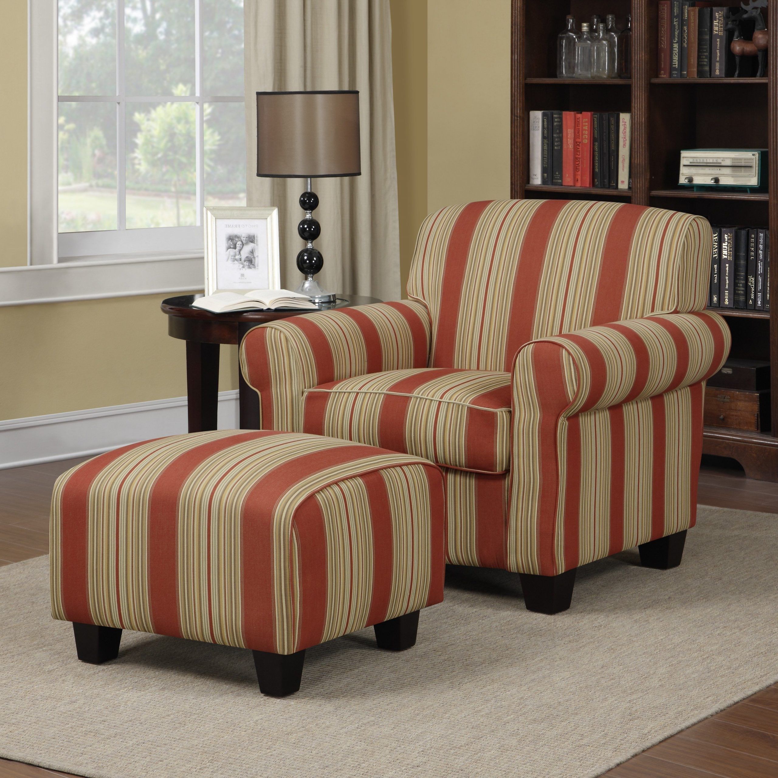 Handy Living Mira Red Stripe Arm Chair And Ottoman – Walmart Throughout Favorite Blue Fabric Nesting Ottomans Set Of  (View 1 of 10)