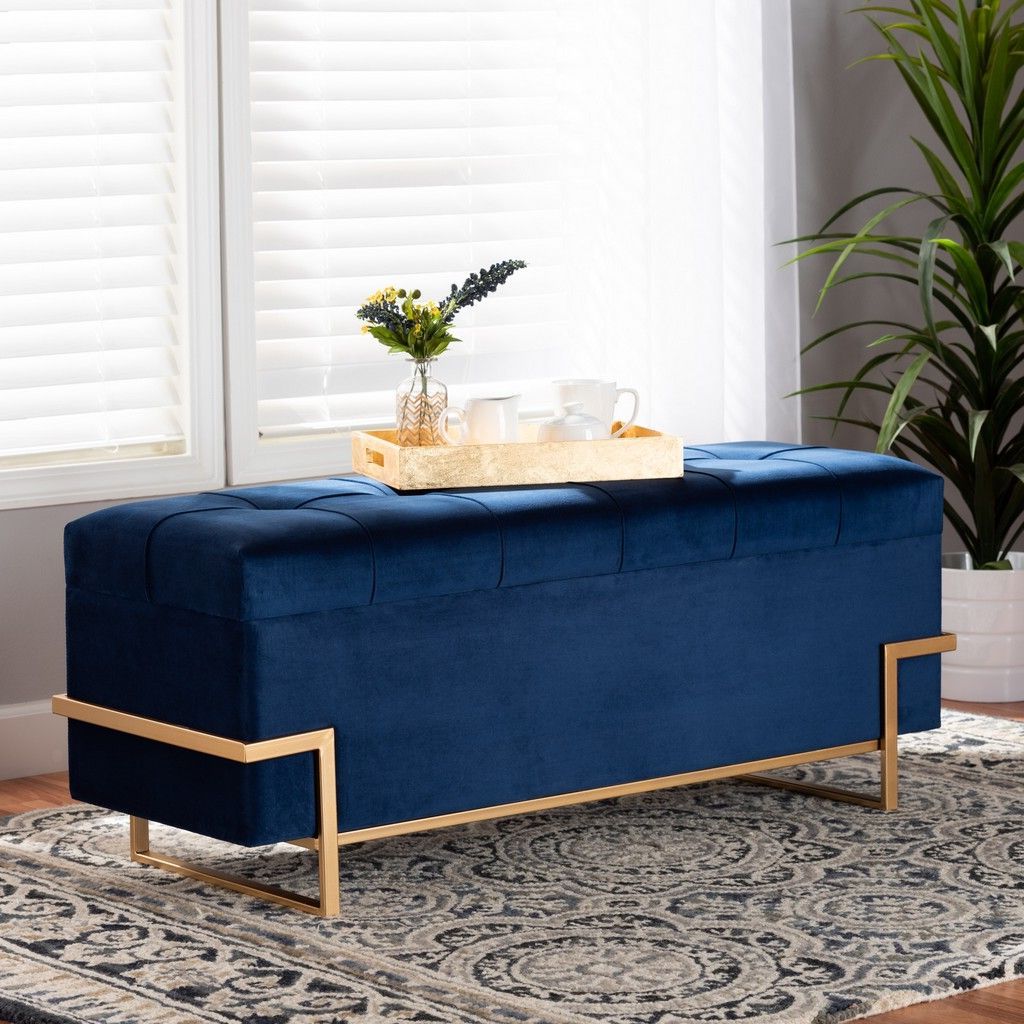 Honeycomb Cream Velvet Fabric And Gold Metal Ottomans Intended For Fashionable Baxton Studio Parker Glam & Luxe Navy Blue Velvet Upholstered & Gold (View 6 of 10)