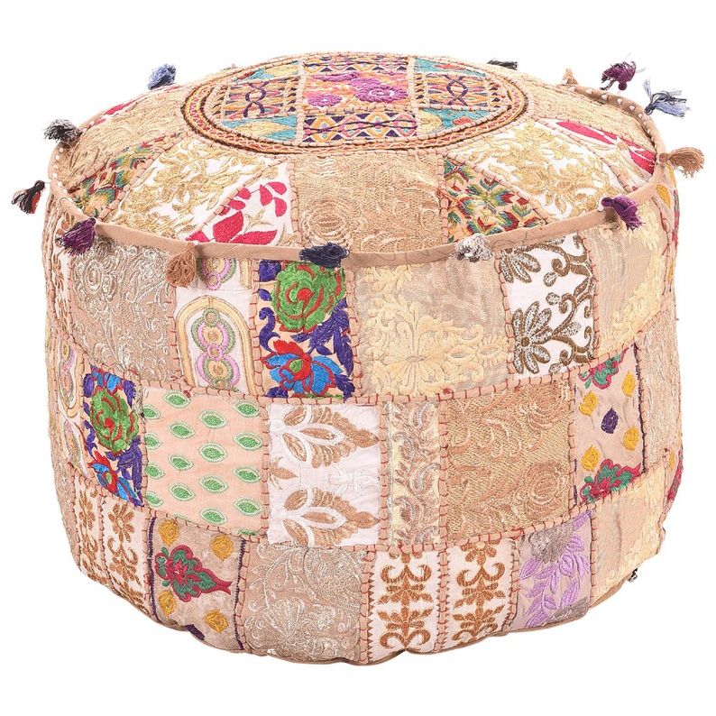 Indian Bohemian Ottoman Pouf Cover Ethnic Beige Multi Color (View 5 of 10)