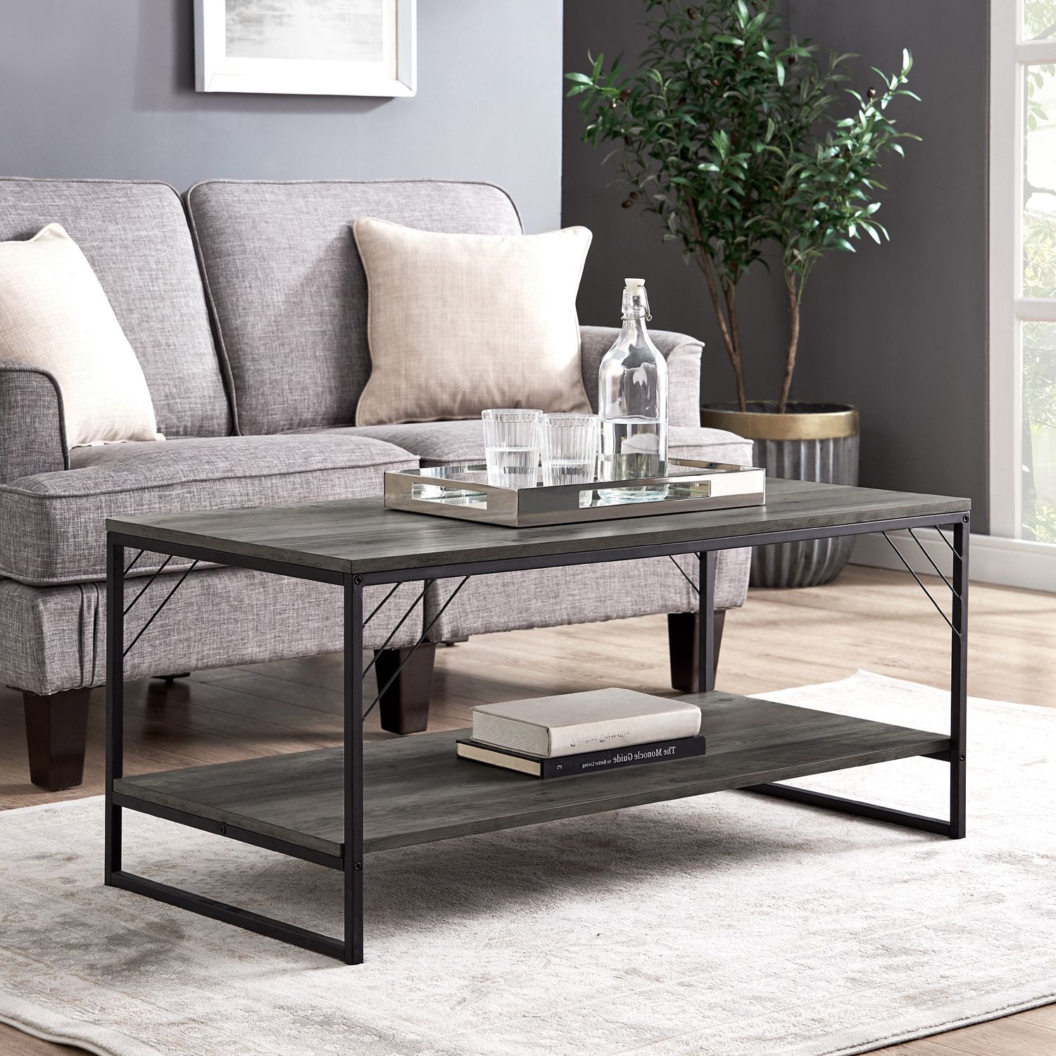 Industrial Metal Accent Gray Wash Coffee Table – Pier1 Imports Intended For Favorite Metal Coffee Tables (View 5 of 10)