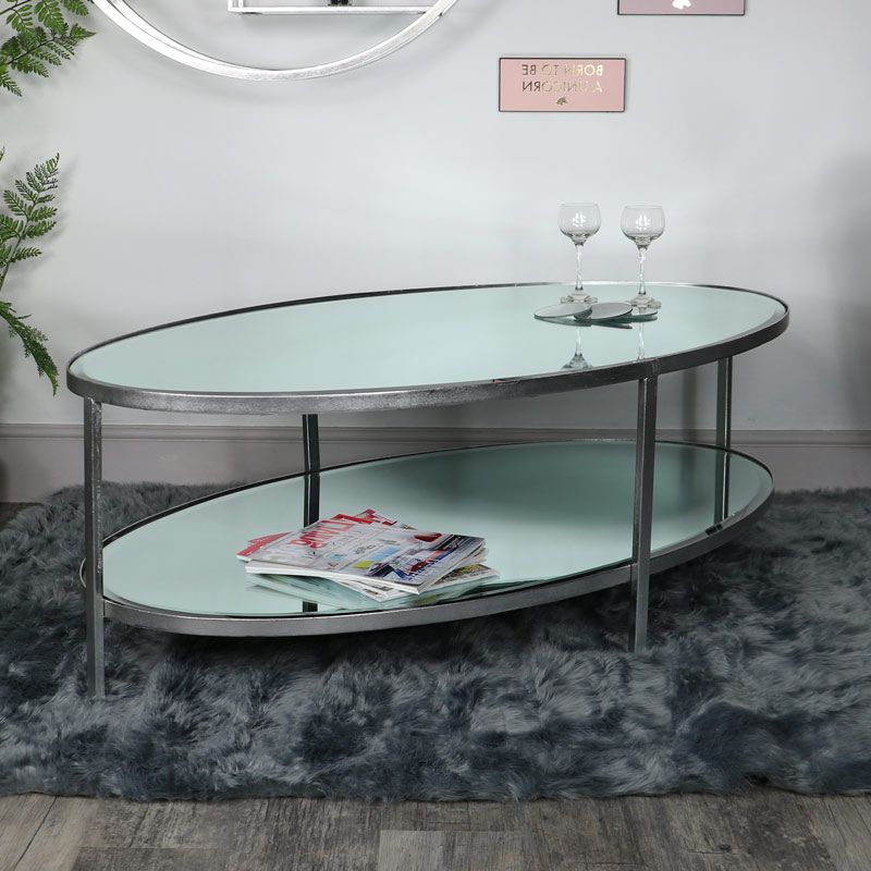 Large Antique Silver Oval Mirrored Coffee Table – Melody Maison® Throughout Most Popular Antique Silver Metal Coffee Tables (View 8 of 10)