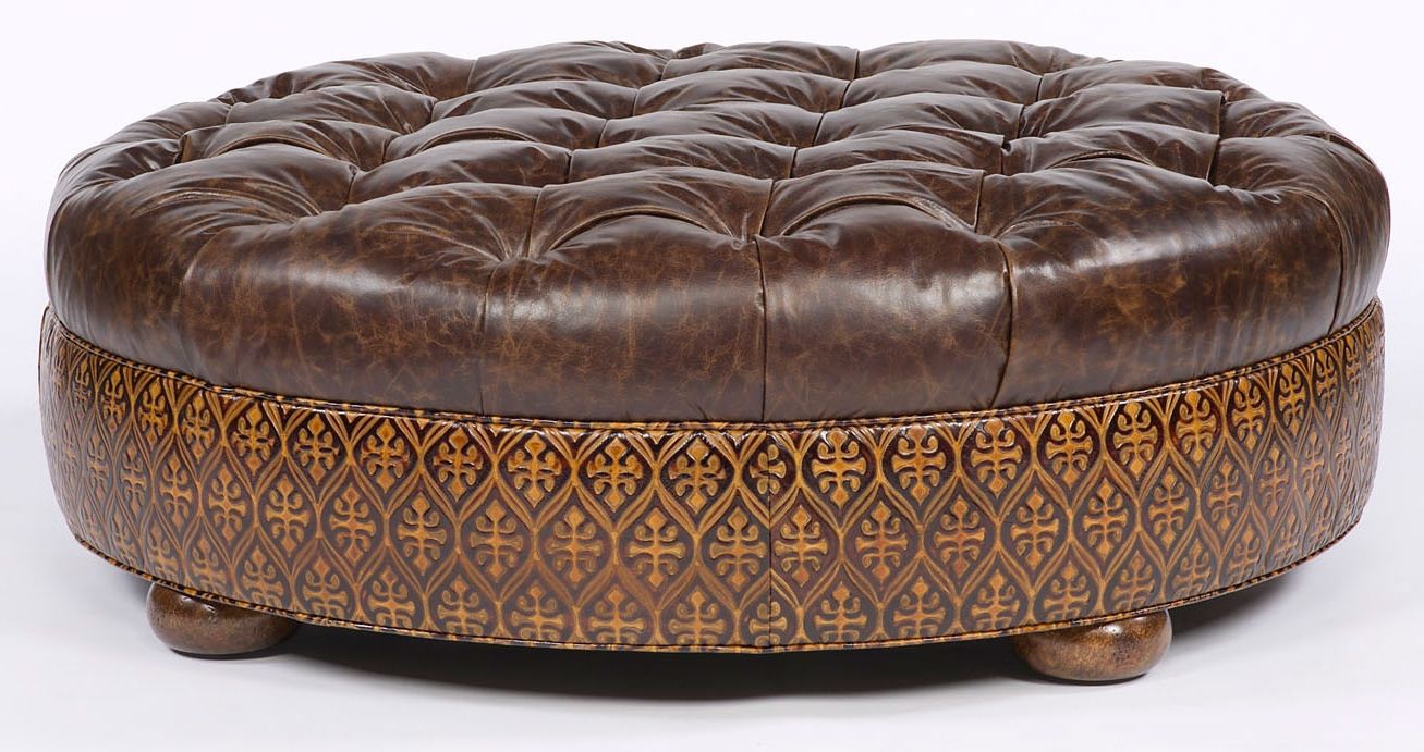 Large Round Tufted Leather Ottoman. American Furniture (View 1 of 10)