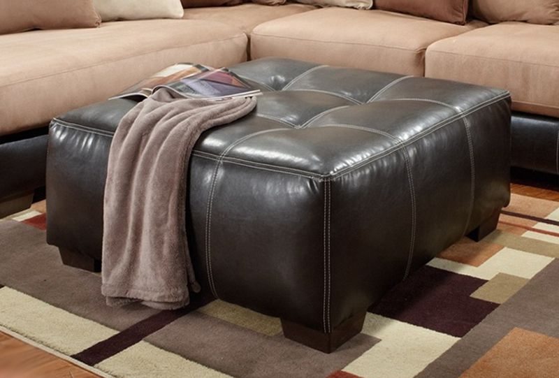 Large Square Tufted Dark Brown Bonded Leather Ottoman In Most Current Brown Leather Square Pouf Ottomans (View 3 of 10)