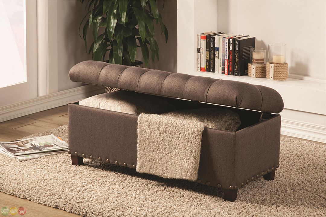 Latest Brown Tufted Pouf Ottomans Regarding Warm Brown Tone Fabric Ottoman Tufted Storage Bench (View 2 of 10)
