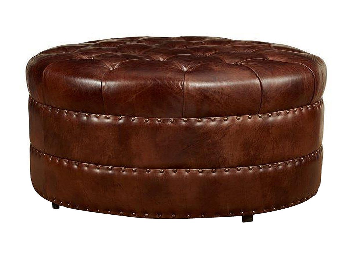 Latest Fabric Tufted Round Storage Ottomans Inside Lockwood "quick Ship" Round Tufted Leather Ottoman – Ottomans & Benches (View 9 of 10)