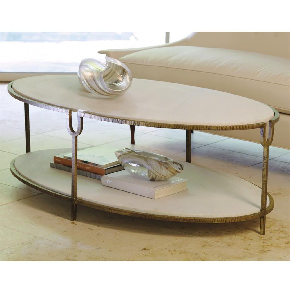 Latest Walnut Wood And Gold Metal Coffee Tables Within Katherine Hollywood Regency Ivory Stone Oval Coffee Table (View 1 of 10)