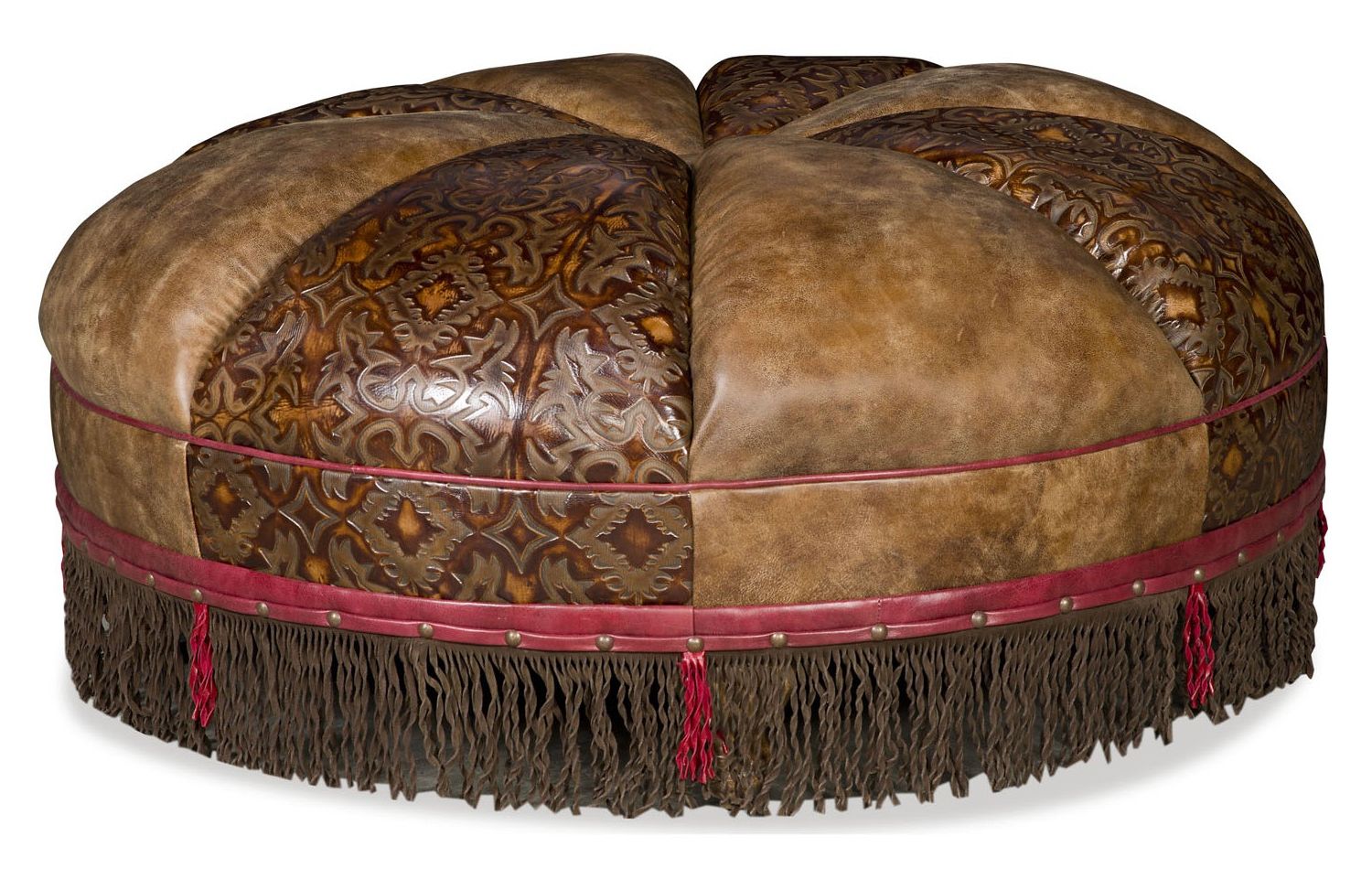 Leather Pouf Ottomans Intended For Most Up To Date Round Leather Ottoman With Embossed Leather And Fringed Detail (View 9 of 10)