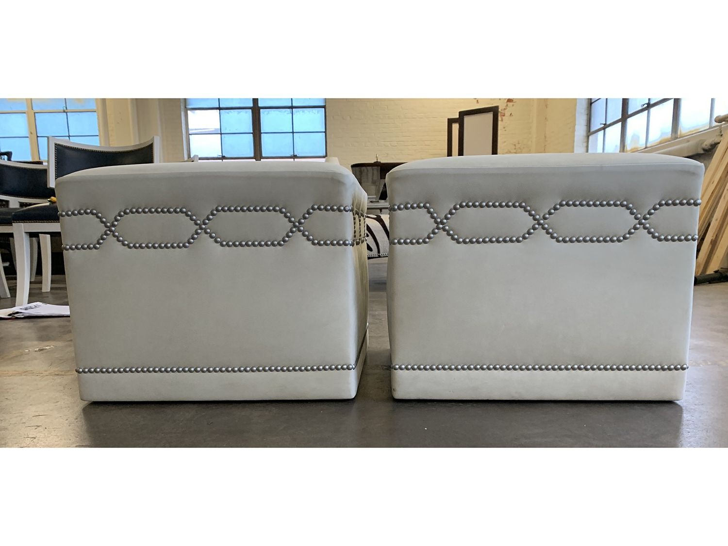 Light Blue And Gray Solid Cube Pouf Ottomans Within 2020 Light Grey Soft Leather Cube Ottoman With Nailhead, Pair • The Local Vault (View 2 of 10)