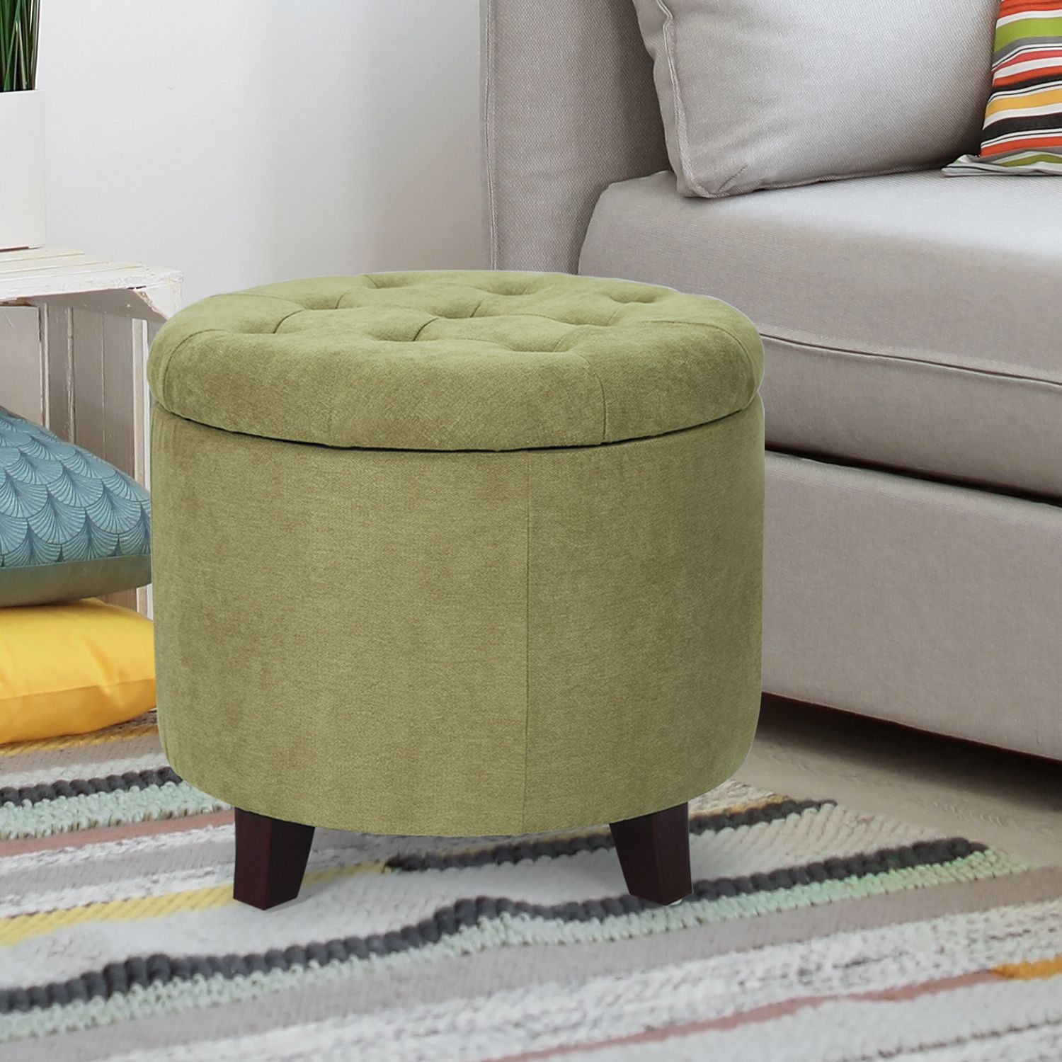 Light Gray Fabric Tufted Round Storage Ottomans Intended For Widely Used Joveco Fabric Cushion Round Button Tufted Lift Top Storage Ottoman (View 2 of 10)