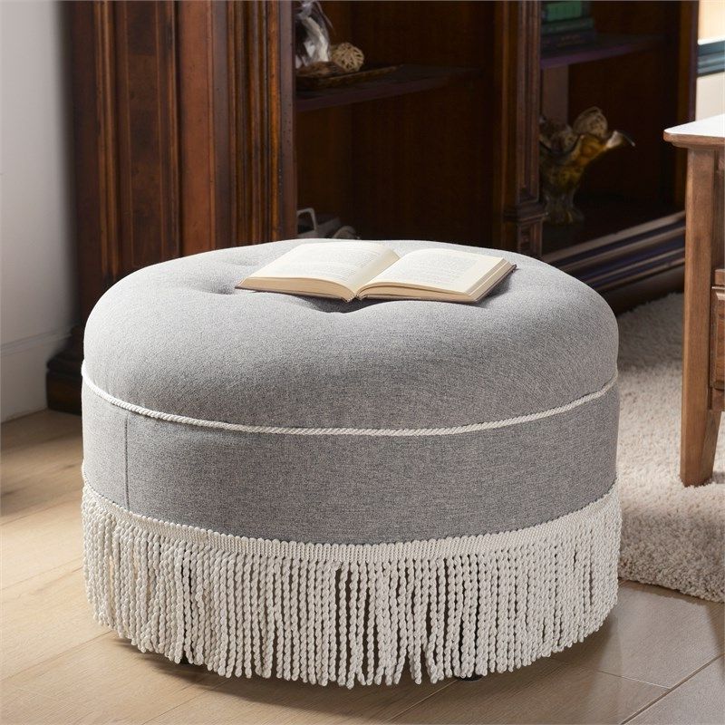 Light Gray Tufted Round Wood Ottomans With Storage In Most Recently Released Yolanda Tufted Decorative Round Ottoman Light Grey – 2345  (View 5 of 10)