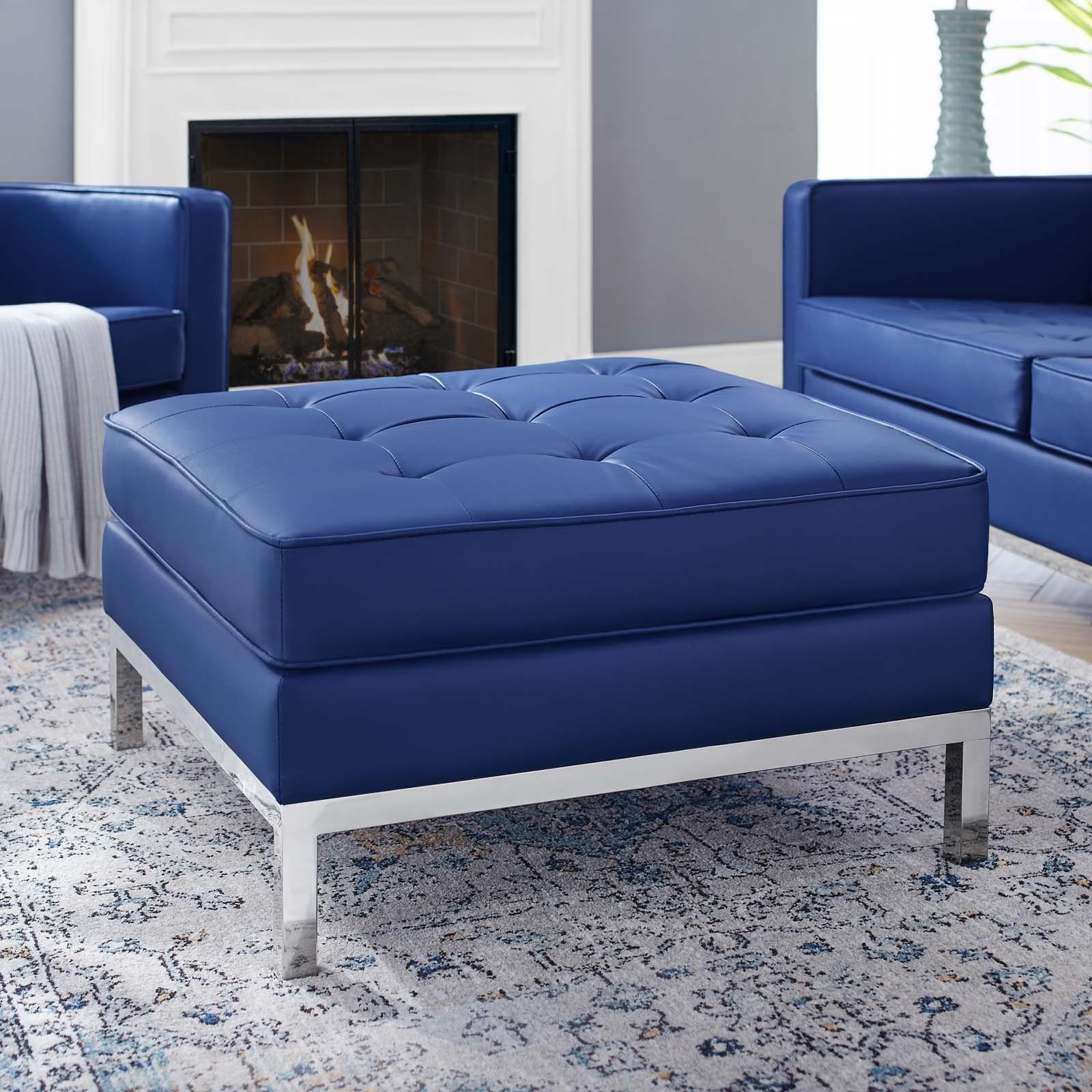 Loft Tufted Upholstered Faux Leather Ottoman In Silver Navy – Hyme With Regard To Most Recent Silver Faux Leather Ottomans With Pull Tab (View 5 of 10)
