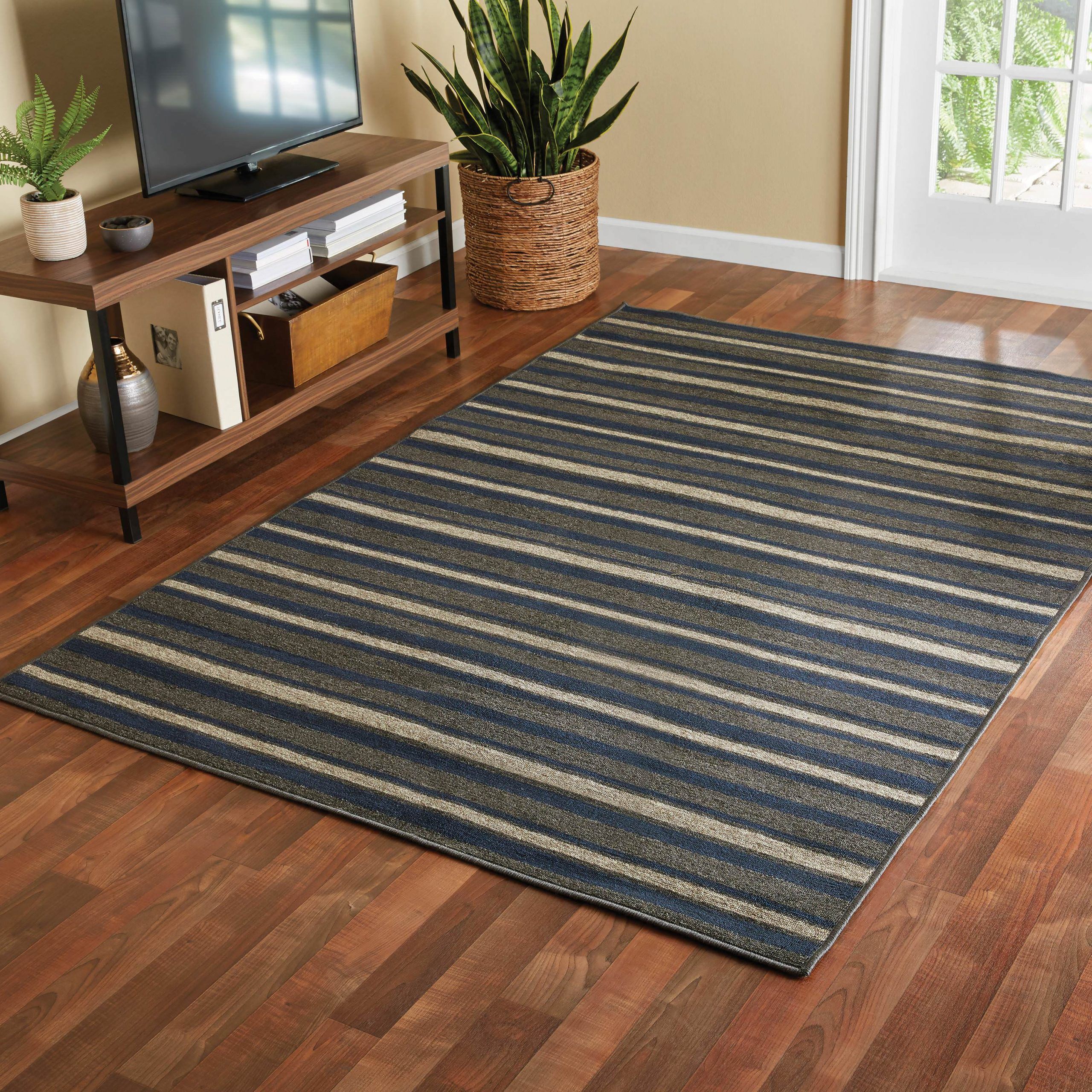 Mainstays Sonata Striped Indoor Living Room Area Rug, Navy Blue And For Famous Navy Blue And White Striped Ottomans (View 6 of 10)